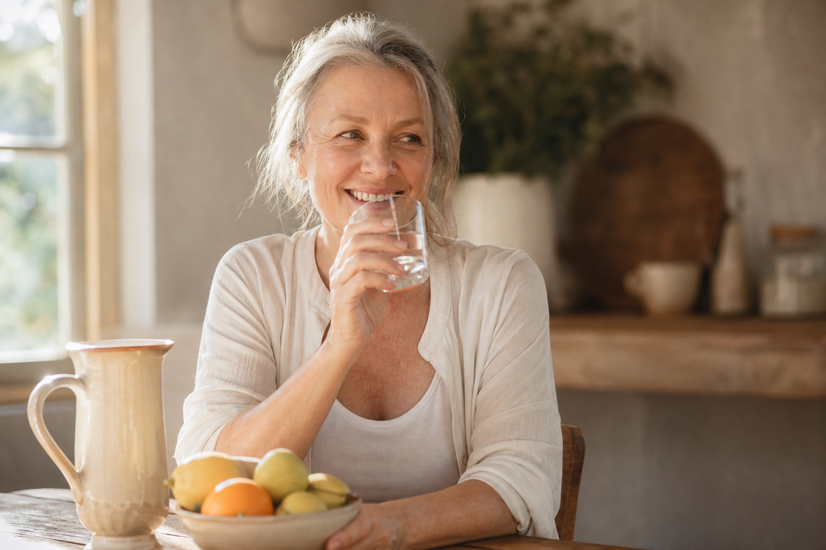 Ältere Frau trinkt Wasser als bestes Mittel gegen Mundtrockenheit