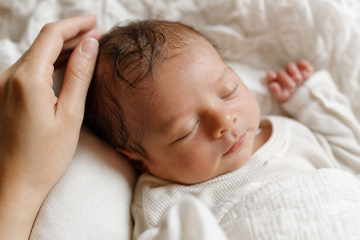Schlafendes Baby mit leicht feuchten Haaren am Kopf durch Schwitzen im Schlaf