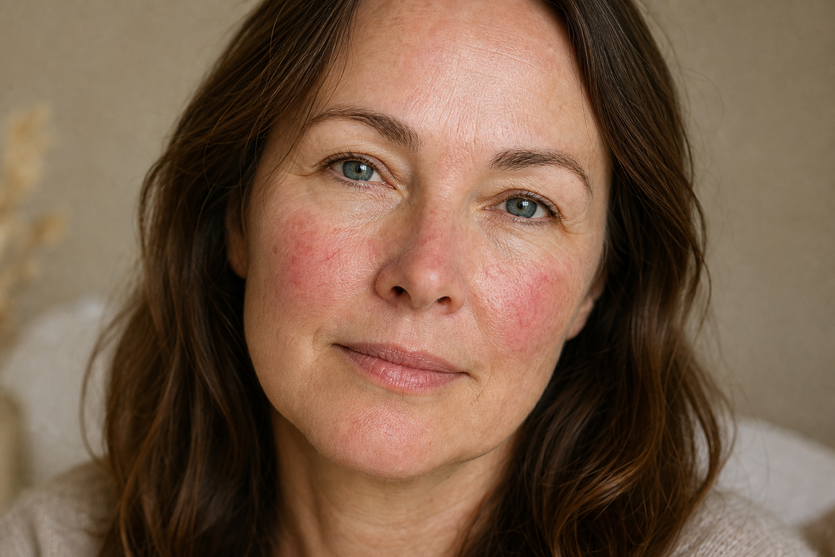 Frau mittleren Alters mit typischen Rötungen im Gesicht als Symptom bei Rosacea Behandlung