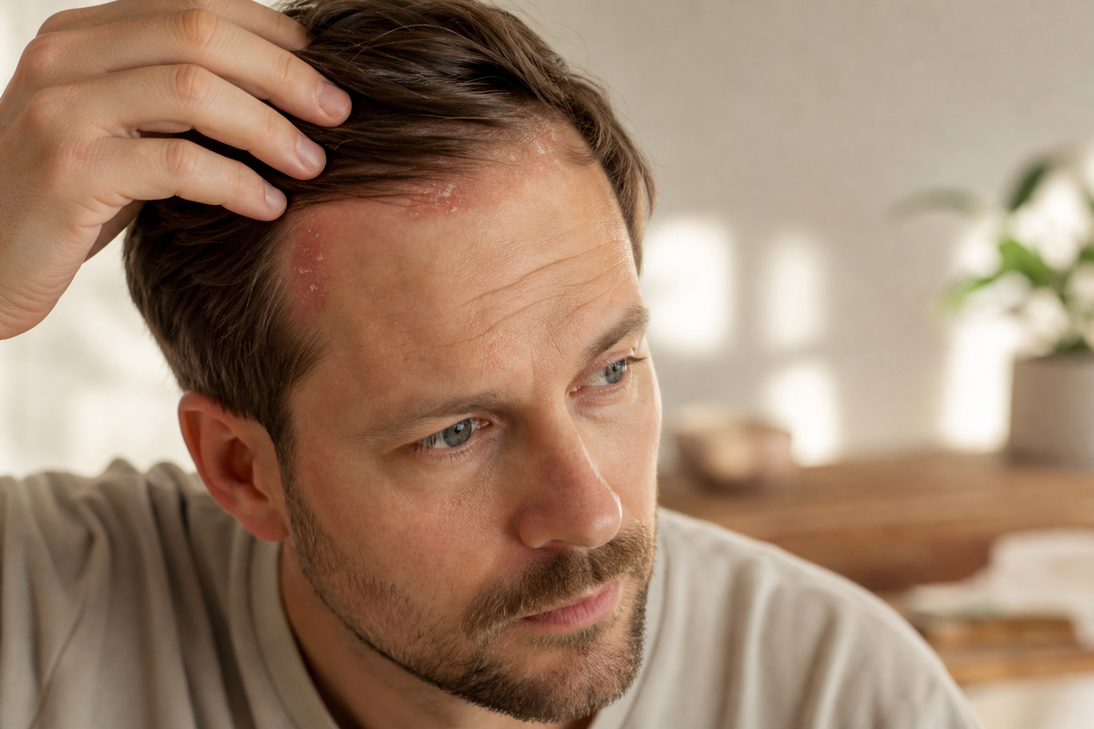 Mann berührt gerötete, schuppige Kopfhaut als Anzeichen für seborrhoische Dermatitis