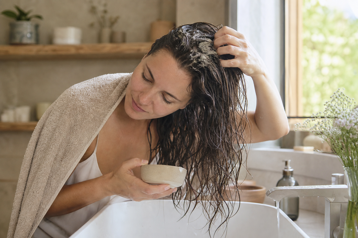 Frau trägt beim Kopfhaut peelen ein Peeling-Produkt auf feuchtes Haar auf