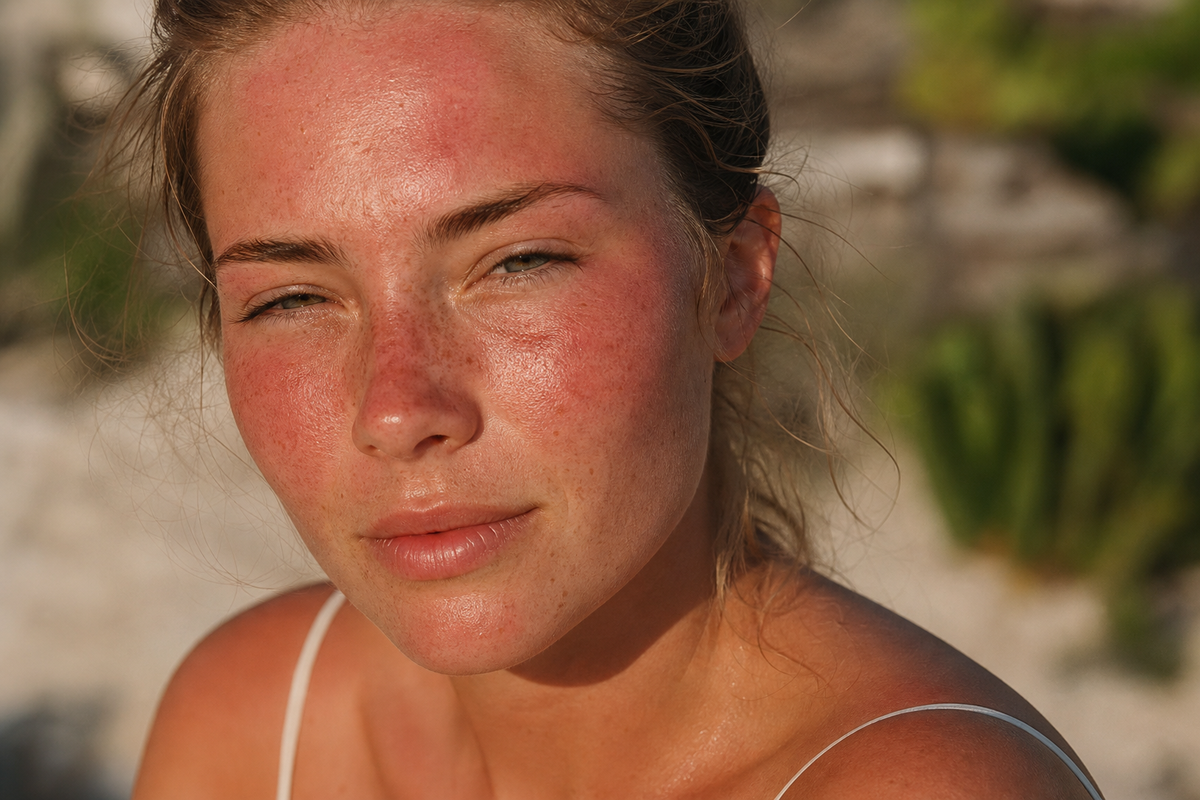 Junge Frau mit sichtbarem Sonnenbrand im Gesicht auf Nase und Wangen