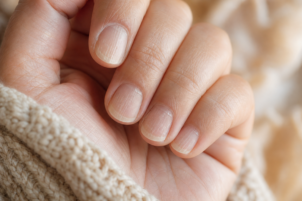 Nahaufnahme einer Hand mit brüchigen Nägeln