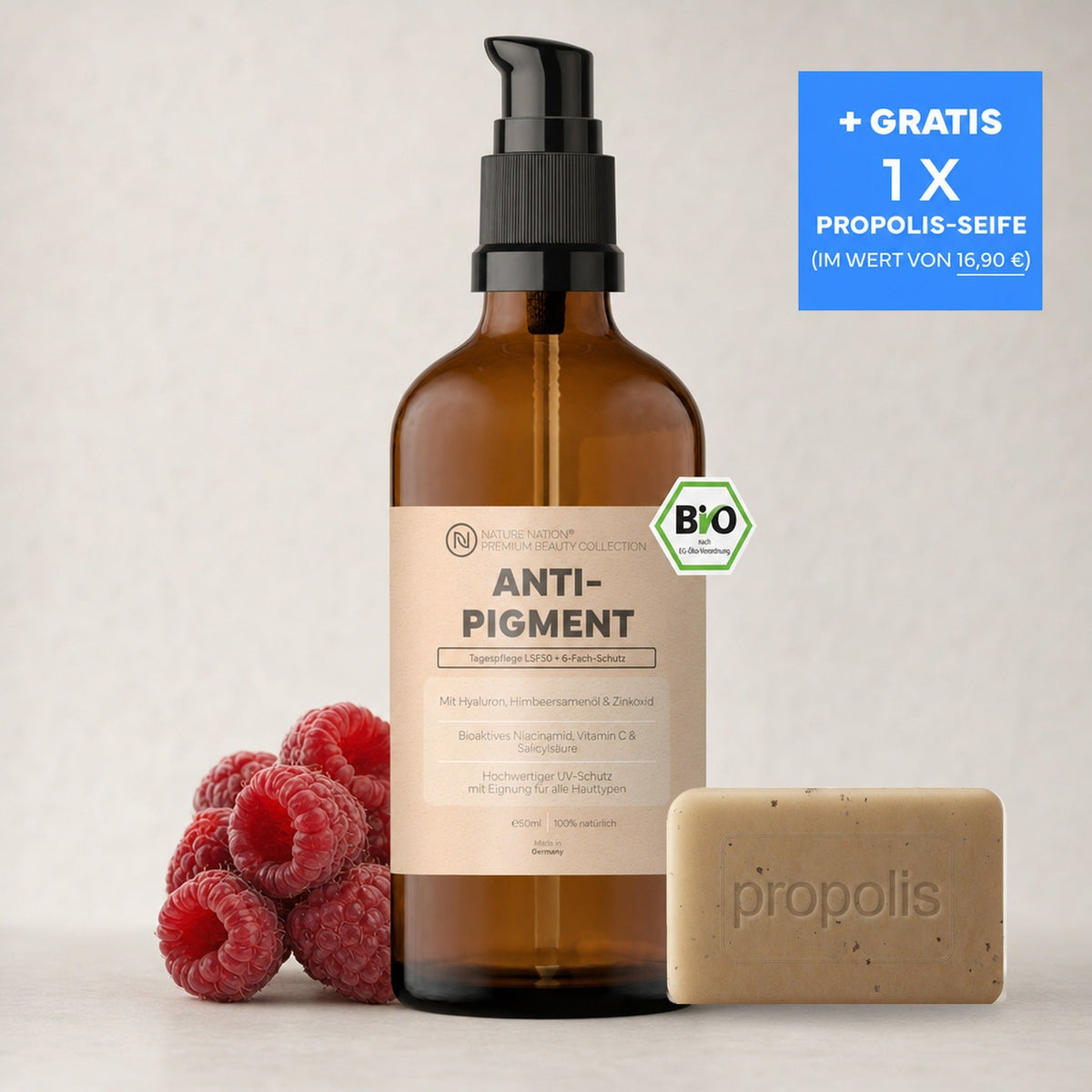 Anti-Pigment 50ml Pumpflasche mit gratis Propolis-Seife, Studioaufnahme