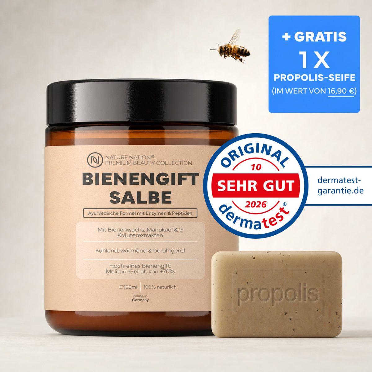 Bienengiftsalbe 100ml mit gratis Propolis-Seife, Studioaufnahme