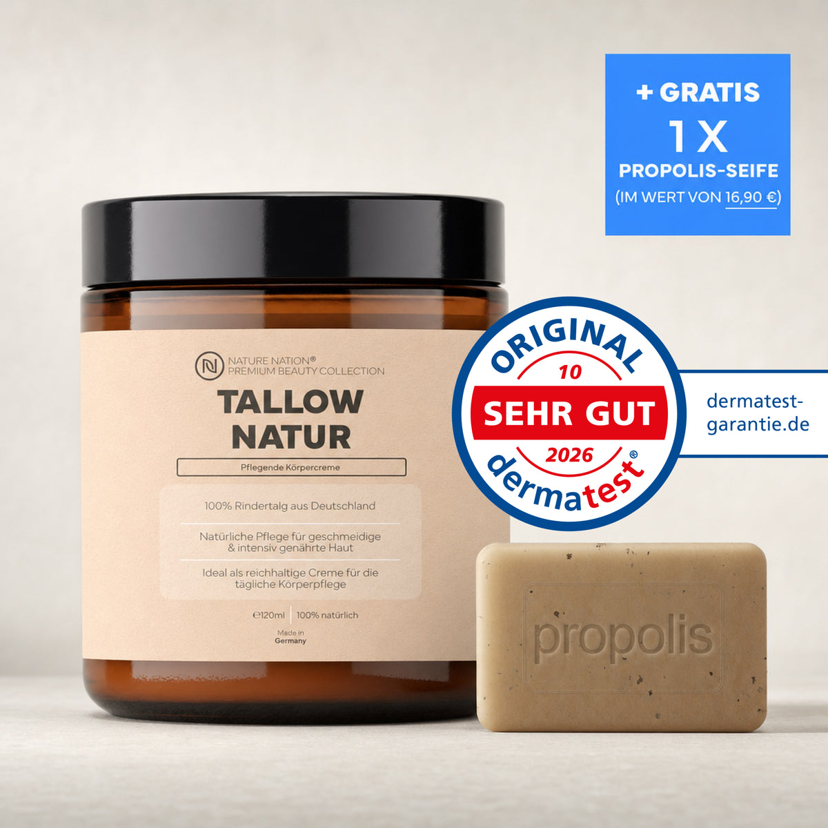 Tallow Rindertalg Creme Natur mit gratis Propolis-Seife, Studioaufnahme